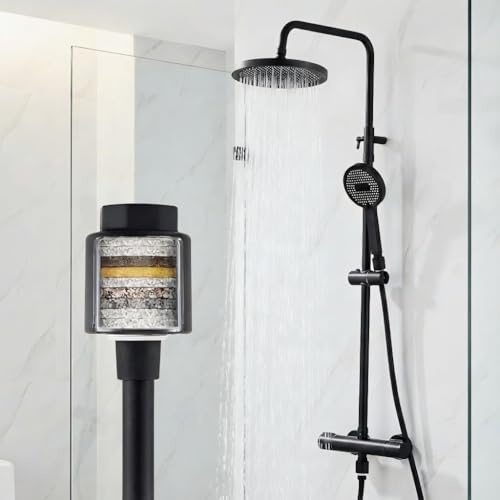 HOMELODY Duschsystem mit Thermostat Schwarz, Duscharmatur Komplettset mit Filter, 25cm Kopfbrause Regendusche & Handbrause, 3 Strahlarten Handbrause, Duschset für Badezimmer