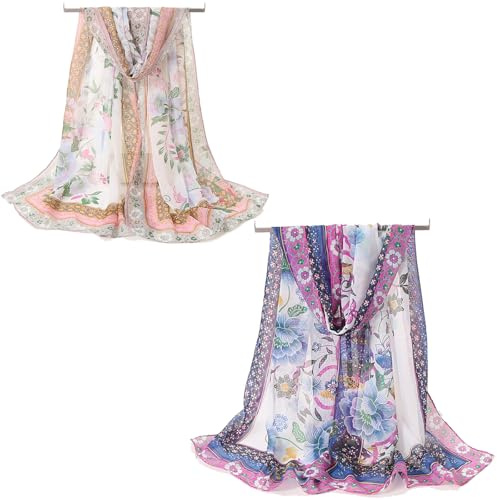 FOSDICK 2 PCS Pañuelo Cuello Mujer Fulares Elegante Foulard Estola Pañuelo Mujer Chal Estolas Boda Fiesta Chiffon Bufanda, 50x150cm