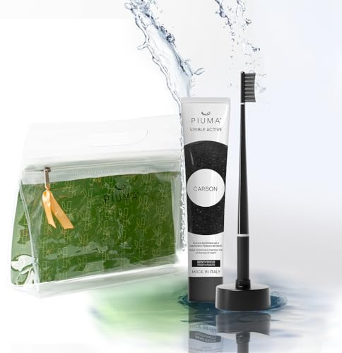 Piuma Care Set Regalo per Lei Cura Orale con Carbone Attivo e Bamboo, Nero – Dentifricio Sbiancante e Spazzolino Denti Bianchi con Setole Attive, Supporto Calendario, Pochette Elegante