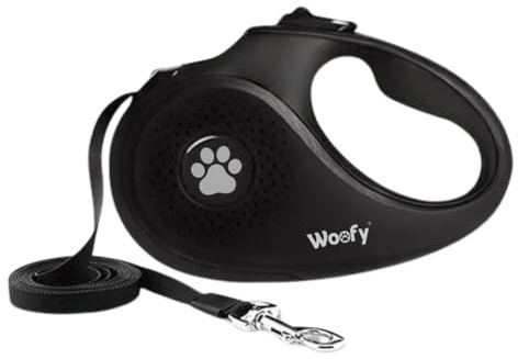 WOOFY Hundkoppel stora hundar 5 m (upp till 50 kg) – robust utdragbart rullkoppel med D-lås snabbbroms, 360° anti-twist-system, automatiskt hundkoppel, utdragskoppel med ergonomiskt handtag – svart