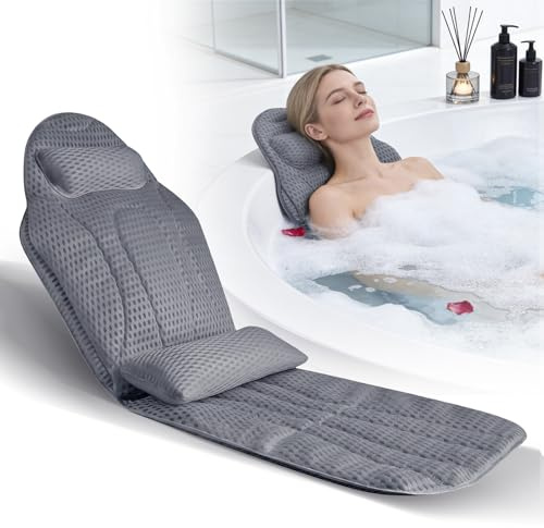 Set completo per vasca da bagno con cuscino lombare, 142 x 48 cm, morbido divano da bagno in rete 5D con ventose e poggiatesta, tappetino per vasca da bagno e tappetino spray (grigio)