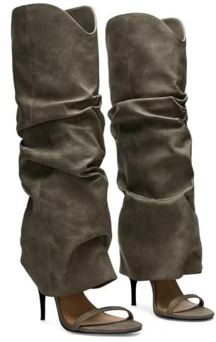 Agodor Green Women Slouchy Boots Stiletto Heeled Sandals Fashion High Heel Western Long Boots,Ruched Faux Leather Pull-On Dress Boot For Party US9