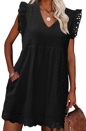 heekpek Robe Ete Femme Coton Col V Robe Courte sans Manches à Volants Boheme Chic et Elegant Légère Short Robes de Plage avec Poches