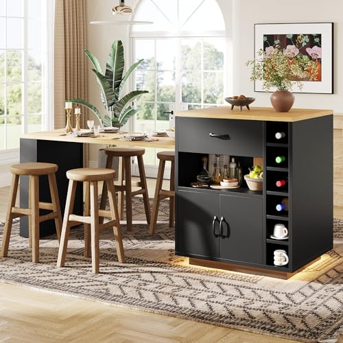 Rosebibi Isola da cucina/armadietto da cucina/armadio da buffet/tavolo da bar con luce LED, carrello da portata fisso, con tavolo allungabile, 2 cassetti, 4 ante (nero)