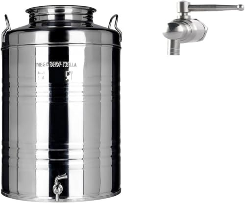 Megashopitalia Contenitore Bidone Fusto per Olio in Acciaio Inox 15 30 50 Litri Made in Italy con Guarnizione per Il Tappo e Rubinetto in Acciaio Inox Salvagoccia Incluso (50 Litri)