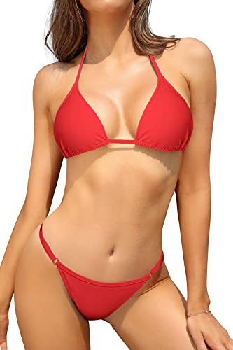 SHEKINI Costume da Bagno Due Pezzi Donna con Lacci Imbottito Halter Bikini Set Triangolo Vita Bassa Brasiliano Perizoma Bikini da Spiaggia(M, Rosso)