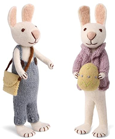 Gry & SIF Coniglietto pasquale grande da appoggiare, realizzato a mano con molti dettagli, commercio equo e solidale, decorazione pasquale in feltro, 1 coniglietto decorativo bianco con borsa e uovo