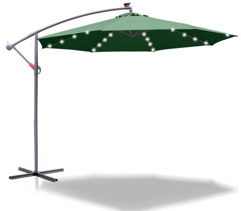 Joparri Ombrellone parasole a LED in alluminio, colore verde Ø 350 cm, con manovella, ombrellone con supporto, protezione solare dai raggi UV, in alluminio, per mercato, impermeabile