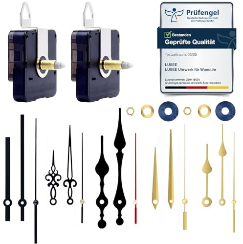 Lusee 2 Pezzi Movimento Meccanismo Orologio da Parete con Lancette Orologio di 3 Set Noir et 2 Set Doré per Parti Riparazione dell'Orologio Parete Sostituzione (16mm / 0,62Pollici, 22mm / 0,86Pollici)