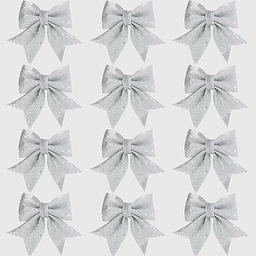 FGen 12 Stück Weihnachtsschleifen, 12x15cm Weihnachtsbaum Bögen, Glitzer Schleifen Weihnachtsdeko, für Weihnachtsbaum, Weihnachtskranz, Geschenk Dekoration, Hochzeit (Silver)