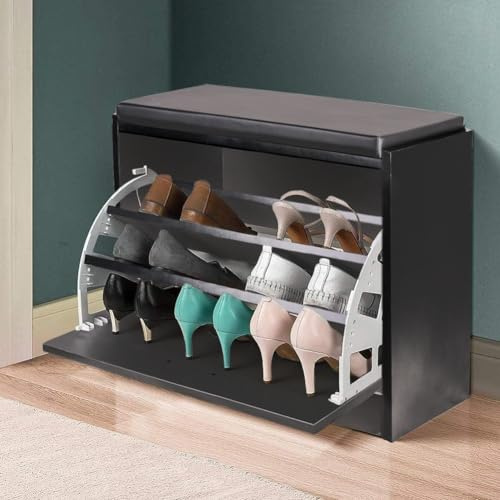 BAKAJI Banc à Chaussures pour Gain de Place en Bois, avec Porte à Rabat, Triple Profondeur et Assise en Simili-Cuir, Dimensions 60 x 30 x 48 cm (Noir)