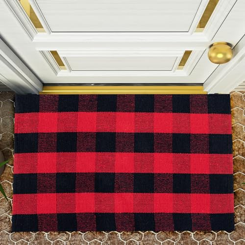 Tappeto a quadri di bufalo, zerbino in cotone a scacchi, tessuto a mano, per interni ed esterni, decorazione per la casa colonica, cucina, veranda, camera da letto, ingresso (rosso cinese e nero, 0,6