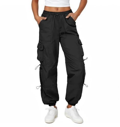 Friptspyg Pantaloni Cargo Donna Pantaloni da Trekking Leggeri con Tasche Pantaloni da Escursionismo Impermeabili Cintura Outdoor Sportivi Pantaloni da Jogging, Nero S