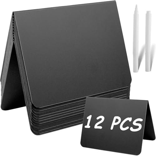 12 Kreidetafel Klein Set, Mini Tafeln zum Beschriften, Preisschilder Aufsteller In V-Form, Schiefertafel Mit 2 Stifte, für Preisschilder Tischkarten, Buffet, Hochzeit, Party, Bäckerei -7.5 x 10cm