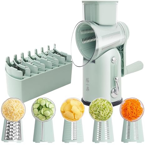 Rotary Cheese Grater Manual Hand Crank with 5 Blades & Suction Base, Kitchen Vegetable Shredder Slicer for Veggie, Nuts, Fruit, Green