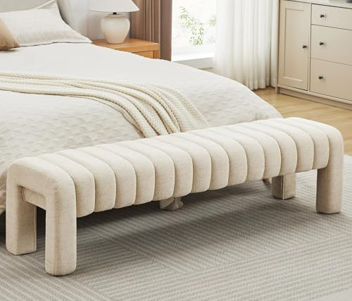 Zibeths 63 Upholstered Bed Bench, Channel Tufted Bench for Entryway, Accent Window Seat for Living Room, Modern Minimalist Ottoman Foot Stool, Linen Beige