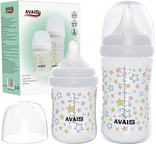 Anti Colic Baby Bottles – 150ml & 240ml – Natural Feeding Design for Breastfed Babies | Small & Medium Flow Teats (Size 1 & 2) | Reduce Nipple Confusion | Easy Start Milk Feeding Bottle Set –Pack of 2