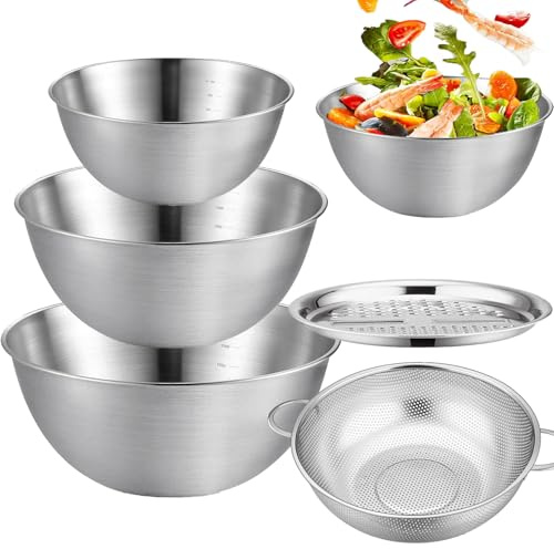 Mixing Bowls Set of 3,Stainless Steel Mixing Bowls, Nesting Salad Bowl,Salad Bowl Set, Gourmet Bowl Set with Strainer and Grater,Idea for Baking/Prepping/Serving/Food Storage 2.5 L/2 L/0.7 L