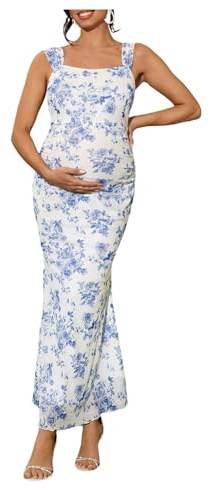 Floerns Women's Floral Maternity Dress Bodycon Fishtail Long Pregnancy Tank Dresses Blue and White Small