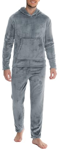 Vlazom Pijama Hombre Invierno Polar Pijamas para Hombre de Franela con Capucha (S,Gris Claro)