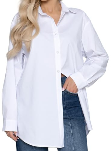 JiaYouLC Women's Longline Blouses & Shirts Ladies Oversize Stretch Casual Button Down Long Sleeve Shirts