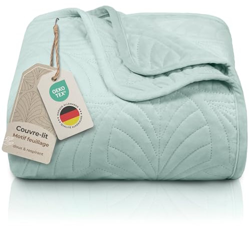 Gräfenstayn Colcha bouti 170x210 cm – cubrecama Acolchado sin Costuras con diseño de Hojas – Manta Decorativa Moderna para Cama o sofá – antirrugas y fácil de cuidar (Verde Menta)