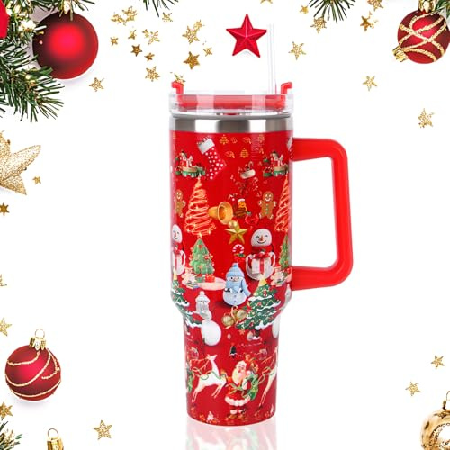 Weihnachts-Stanley-Becher 40oz isolierter Trinkbecher mit Strohhalm, Deckel und Griff – Festlicher roter Edelstahl-Doppelwand-Reisebecher für heiße/kalte Getränke (B)