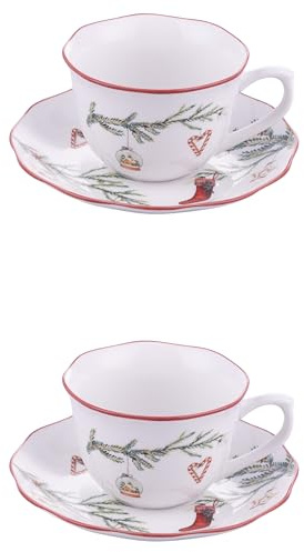 Villa d'Este Home Tivoli 1996 Lot de 2 tasses avec soucoupe 380 ml en porcelaine, décoration de Noël, brin
