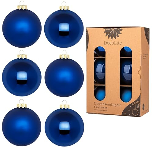 Weihnachtskugeln 10 cm Ø - 6er Set aus Glas inkl. Aufhänger | Hochwertige Christbaumkugeln für Weihnachtsbaum | Stilvolle Weihnachtsdeko in Kartonbox | Kugeln (Blau - matt/glänzend)