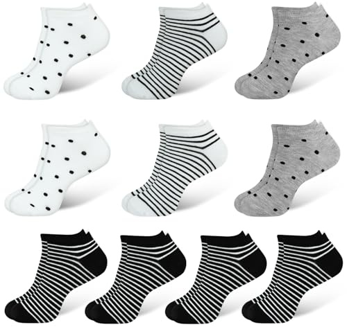 DiULi 10 Paires Chaussettes Femme,Chaussette Coton Femme de Sport,Fem me Chaussettes Fantaisie,Respirant Socquettes Basses Fantaisie,pour Randonnée Marche Running Jours,Taches Rayées-10PCS-A,39-42