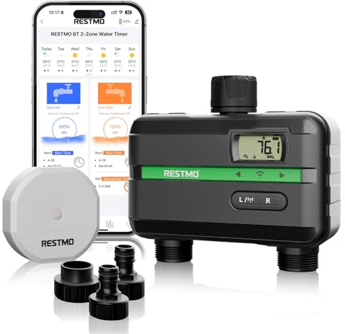 RESTMO 2 Zone Smart Water Timer with Flow Meter | Smart Sprinkler Timer with Manual/Rain Delay, APP RF Hub + WiFi Connection, Brass Connection Male, for Lawn & Yard Watering