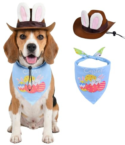 Vehomy Pet Easter Costume Set Dog Cowboy Hat with Bunny Ears & Easter Egg Bandana Puppy Rabbit Ear Headwear & Reversible Spring Scarf Accessories Holiday Party Photo Props for Medium to Large Dogs