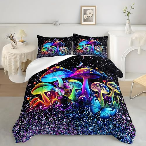 Piumino Singolo Funghi Colorati Trapunte Paesaggio Fantastico Piumone Imbottito Resistente Lavabile, Super Morbida Trapunta, Piumini 160x245 cm in Microfibra Reversibile e 2 Federa 50x80 cm L321