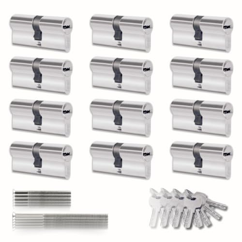 Juego de 12 cilindros para cerraduras de 35/35 mm, cilindro de doble cerradura, tornillos y llaves incluidas, montaje fácil, cerradura para puertas y garajes, antiperforación, llave única, longitud 70