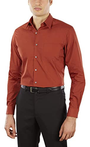 Van Heusen Men's Poplin Fitted Solid Point Collar Dress Shirt, Persimmon, 17.5 Neck 32-33 Sleeve