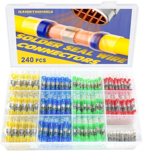 Haisstronica 240PCS Solder Seal Wire Connectors - Heat Shrink Wire Connectors - Waterproof Low Temp Solder for Electrical, Marine (5 Colors/5 Sizes)