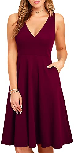 HOMEYEE Damen Elegant V-Ausschnitt Ärmelloses Einfaches Sommer Party Freizeitkleid mit Taschen A293 (M, Burgund)