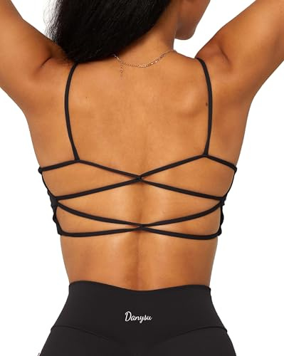 Danysu Rygglös sport-BH dam racerback sport bh träning topp lätt remmar sport bh söta gymnastikkläder kvadratisk hals, #1. crisscross svart, XS