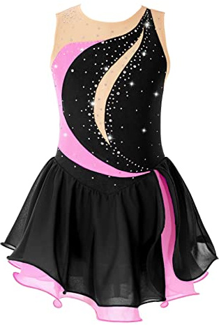 inhzoy Vestito da Pattinaggio Artistico Bambina con Pattinaggio Leotards Senza Maniche Body da Ginnastica Artistica Abito da Ballo Latino Danza Classica Ballerina Jazz Carnevale Nero A 9-10 Anni