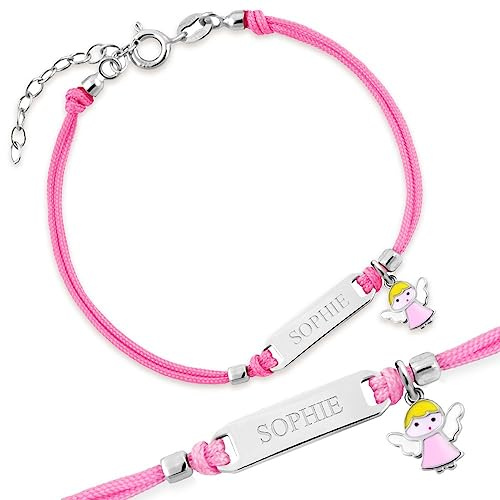 Maverton Bracelet Cordon en Argent Sterling 925 gravé - Bijou pour enfant avec Boîte personnalisable - Bracelet personnalisé - pour bébé - fille - anniversaire - baptême - rose - ange