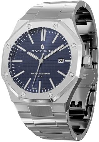 SAPPHERO Uhren Herren Quarzwerk Silber Edelstahl Armband 30M Wasserdicht Datum Kalender Schwarz Blau Herrenuhren Armbanduhr Geschenke für Männer