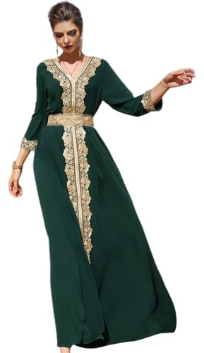 Abaya Dress for Women Moroccan Kaftan Dubai Fancy Long Sleeve Kaftan Dresses Moroccan Traditional Ethnic Shirts Dress Robe Wedding Party Attire Jalabiya Mubarak Eid Ramadan Outfits Dark Green XXL