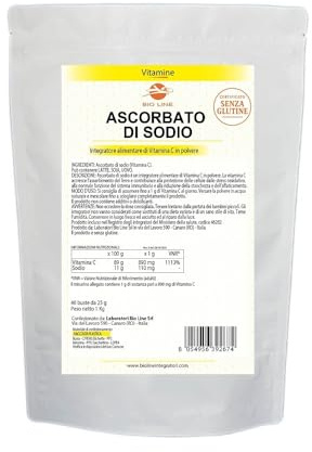 Ascorbato di Sodio - Vitamina C Polvere Pura 1000 g (40 Bustine da 25 g) Integratore Difese Immunitarie con Elevata Concentrazione di Antiossidanti, Integratori Alimentari