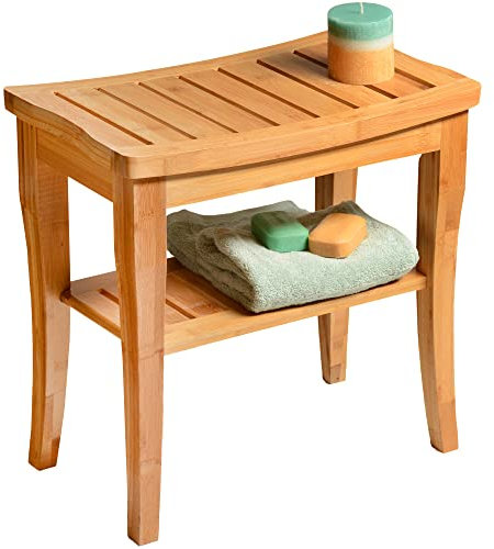 Bamboo Shower Bench - Small Wooden Shower Stool with Storage Shelf, Non-Slip Bathroom Seat, Spa Decor Bath Bench, Foot Rest Shaving Stool for Shower, Indoor Outdoor Use, Great Gift Idea (17 x 9 x 17)