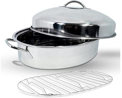CHFYIJYHM High Dome Chicken Roaster Stainless Steel Oval Roasting Pan with Lid and Rack Large Covered Turkey Roasting Pan, 3 Sizes, Silver(Extra large)
