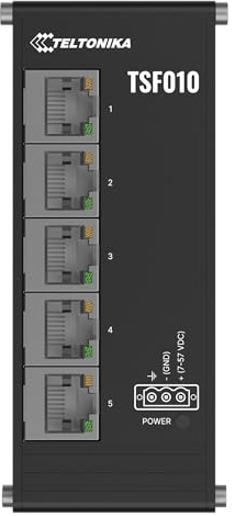 Teltonika TSF010 Ethernet switch, flat & compact, 5 x 10/100 Mbps Ethernet Ports, integrated DIN rail bracket, 3-pin