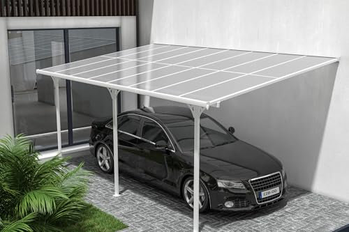 Cazeboo Carport Abri Voiture Toit Terrasse KLEO – 15 m² 5x3 m Aluminium Blanc Polycarbonate Anti-UV – Pergola adossée Robuste Anti-Rouille – Protection Pluie Neige Soleil – 500 x 300 cm