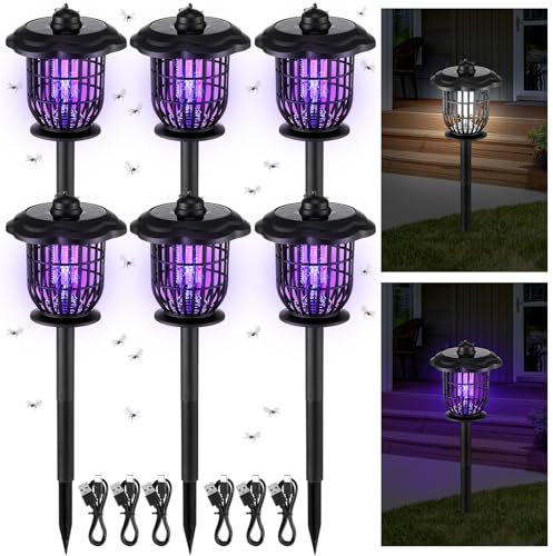 Qualirey 6 Pack Solar Bug Zapper Outdoor Mosquito Repellent 2 in 1 Waterproof Mosquito Killer and Lighting Lamp with Ground Stake USB Rechargeable Zapper for Backyard Patio Garden Lawn Pathway Camping