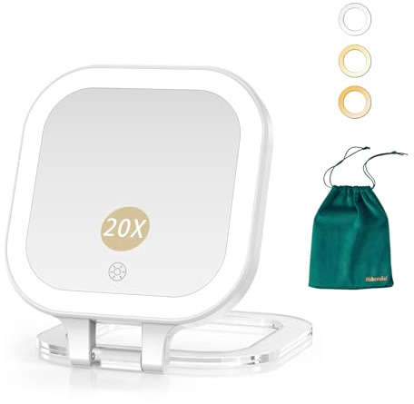 Mocado 1X/20X Magnifying Mirror with Light，Double Sides Makeup Mirror with 3 Color Lights, Rechargeable Foldable Mirrors for Travel, Dimmable Touch Screen, Pocket - White