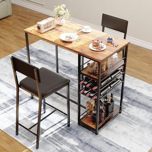 RBFGYIOP Set tavolo da pranzo alto per 2 persone con 4 ripiani portaoggetti – Portabicchieri e portabottiglie integrati – Sedie imbottite comfort – Struttura in metallo, stile retrò – Colore: Classico
